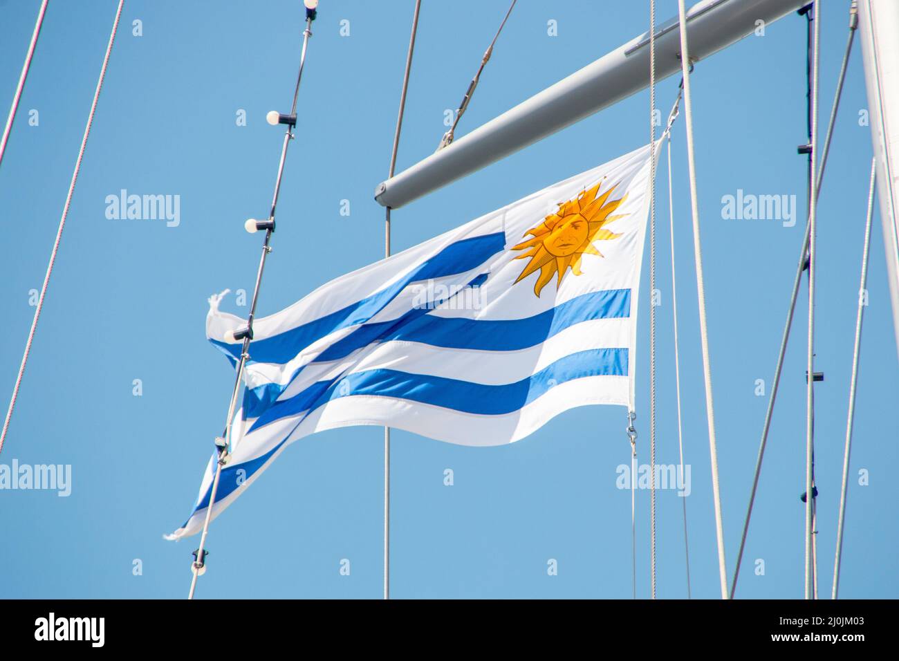 Uruguayan flag outdoors in Rio de Janeiro, Brazil. Stock Photo