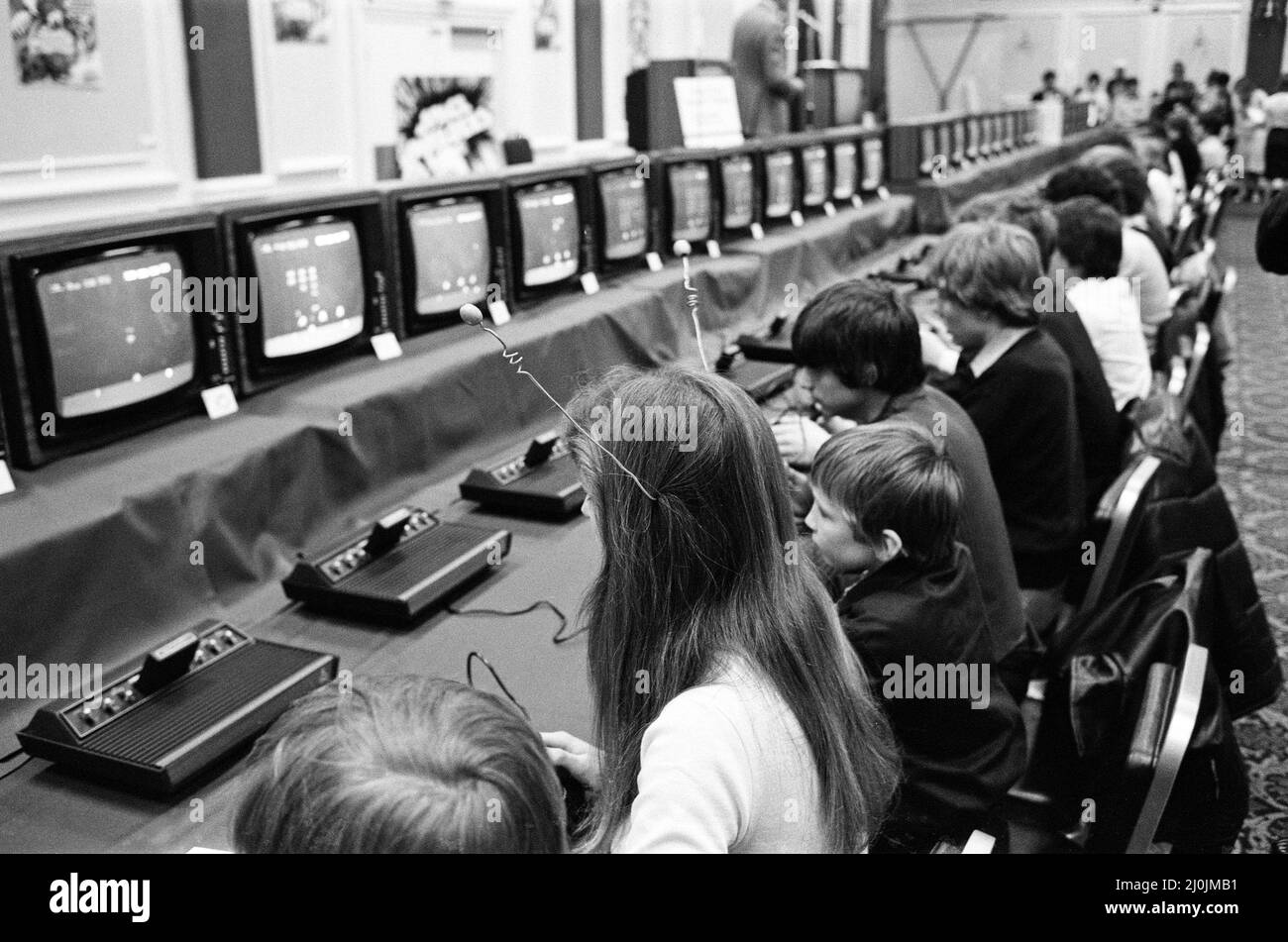 The London heats of Britain's first national space invaders championships. The event attracted 350 dedicated players. Lisa Penry wears antennae. 19th April 1981. Stock Photo