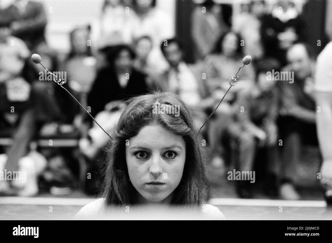 The London heats of Britain's first national space invaders championships. The event attracted 350 dedicated players. Lisa Penry wears antennae. 19th April 1981. Stock Photo