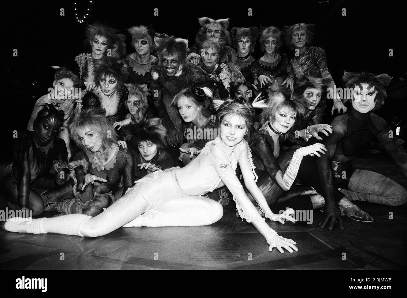 Cast members of Cats, musical based on T. S. Eliot 1939 poetry book Old Possum's Book of Practical Cats, composed by Andrew Lloyd Webber, and showing at the New London Theatre, (Opening night 11th May) Photocall Wednesday 6th May 1981. Our Picture Shows ... In foreground, Finola Hughes as Victoria (White Cat) Stock Photo
