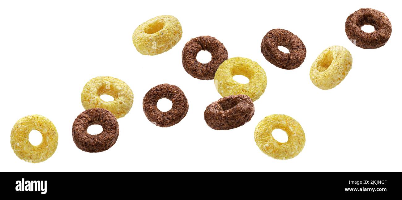 Falling chocolate corn rings isolated on white background Stock Photo