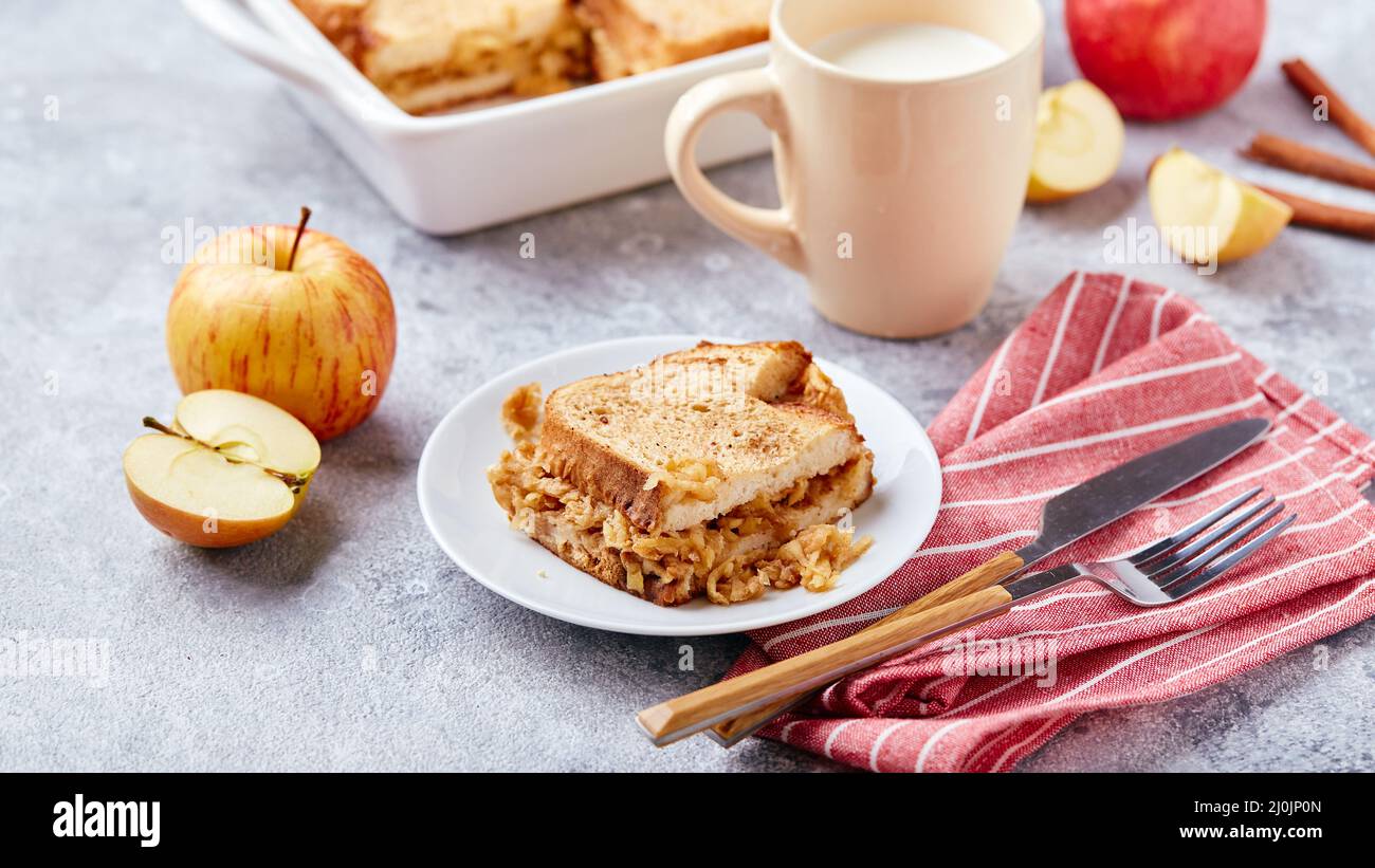 Bread pudding breakfast casserole made from wheat bread, eggs, milk and