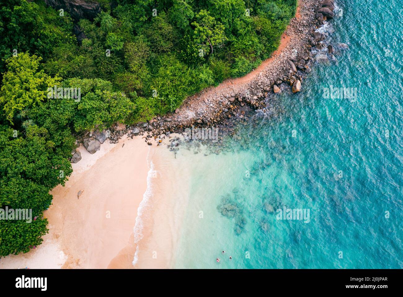 Tropical Jungle Coast in Sri Lanka. Aerial view of Exotic Costline, Beach and Rainforest. Paradise Beach. - Stock Image