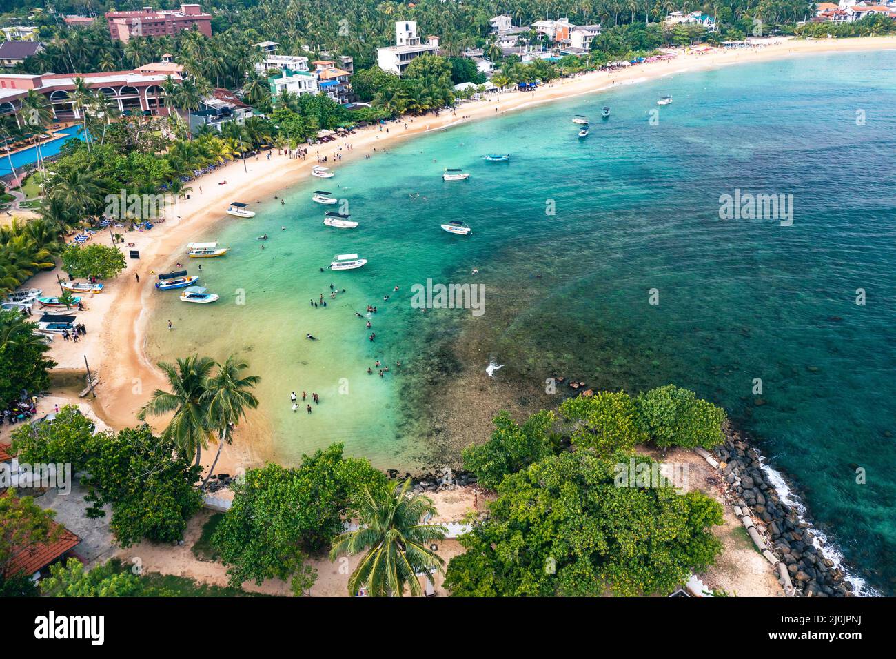 Aerial. Beach view in Unawatuna, Sri Lanka. - Stock Image