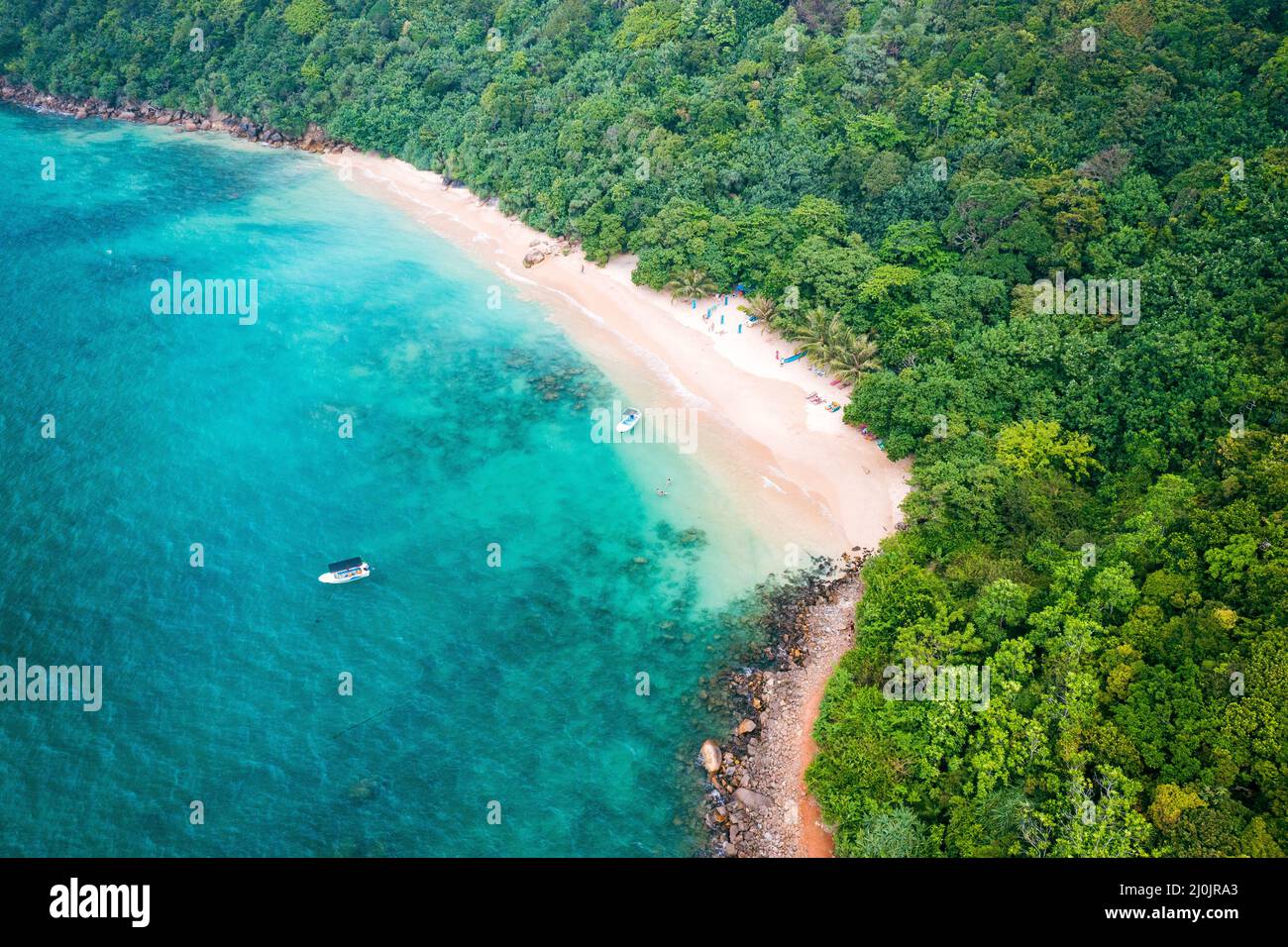 Tropical Jungle Coast in Sri Lanka. Aerial view of Exotic Costline, Beach and Rainforest. Paradise Beach. Stock Photo