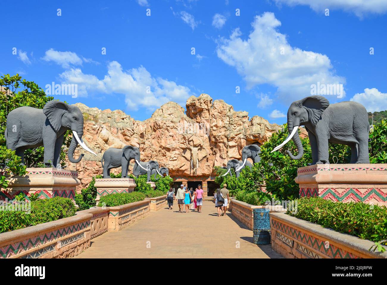 Elephant statues on The Bridge of Time, Valley of Waves, Sun City holiday resort, Pilanesberg, North West Province, South Africa Stock Photo