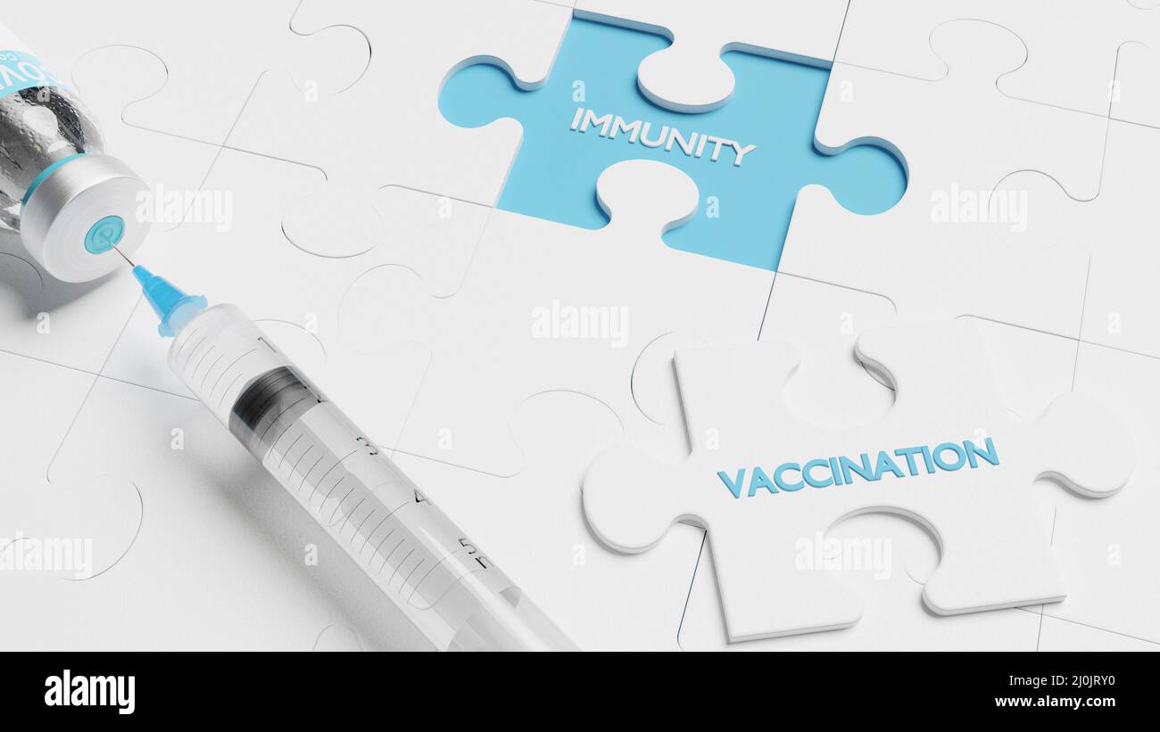 Vaccination puzzle with medical syringe. 3D Rendering Stock Photo