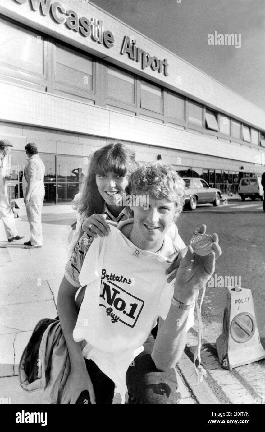 Athlete Steve Cram Steve Cram, with fiancee Karen Waters, shows off his gold medal from his 1500 metres win at the European Athletics Championships at the Olympic Stadium in Athens, Greece, at Newcastle Airport 13 September 1982 Stock Photo