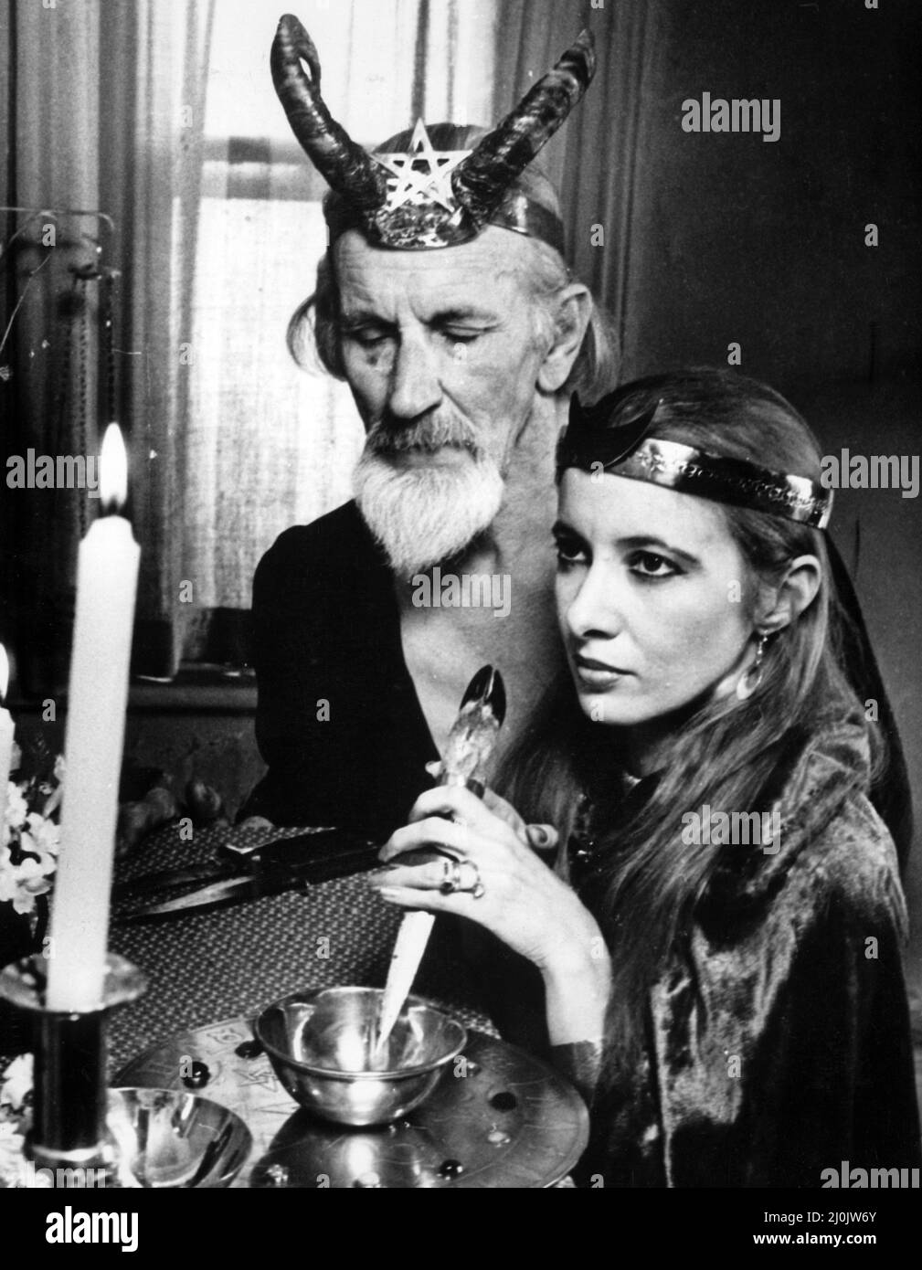 Stewart and Janet Farrar in the small room at the top of their home at Swords, Ireland, where they perform magic rituals. 10th November 1982. Stock Photo