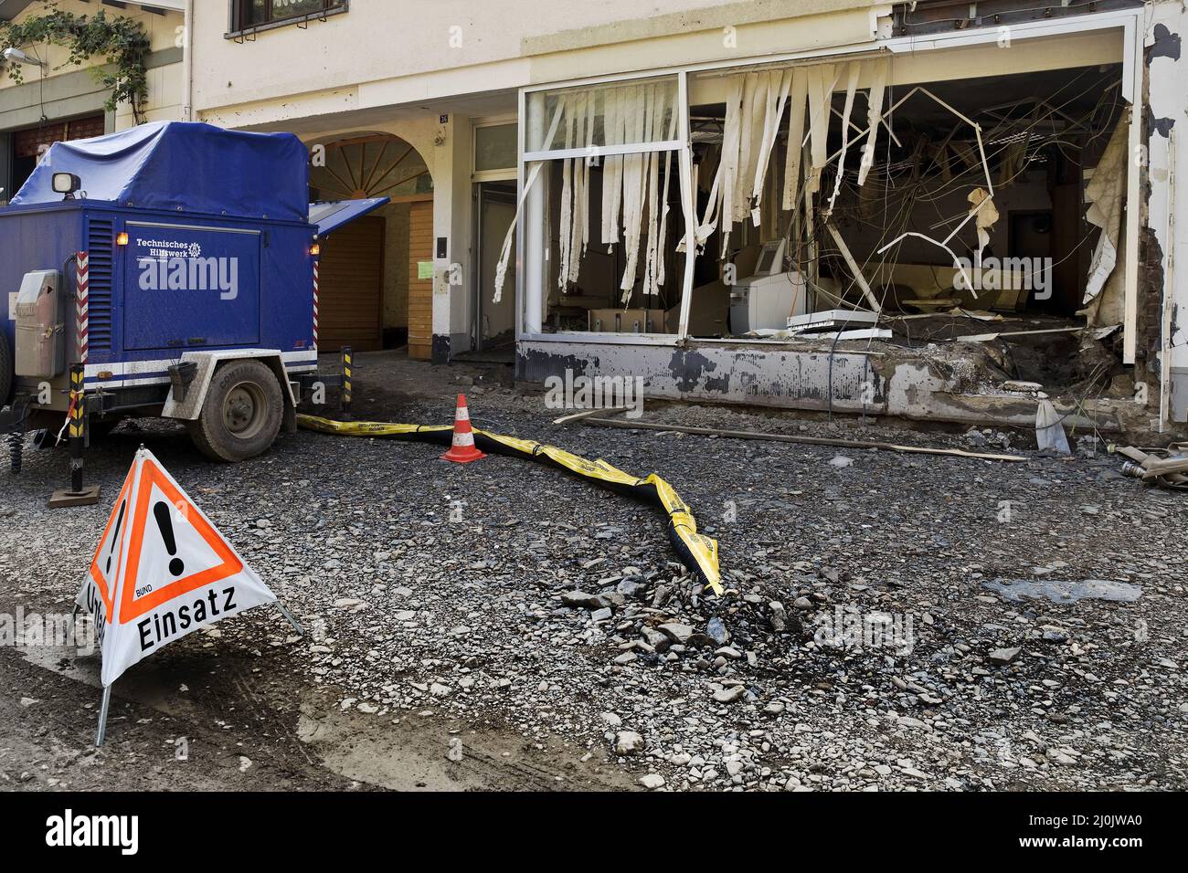 Flood disaster 2021, destroyed bank branch of Volksbank RheinAhrEifel eG, Mayschoss, Germany, Europe Stock Photo