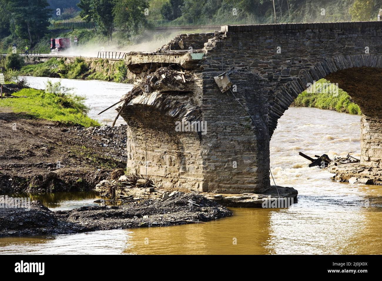 Destroyed Nepomuk bridge over the Ahr river, flood disaster 2021, Rech, Germany, Europe Stock Photo