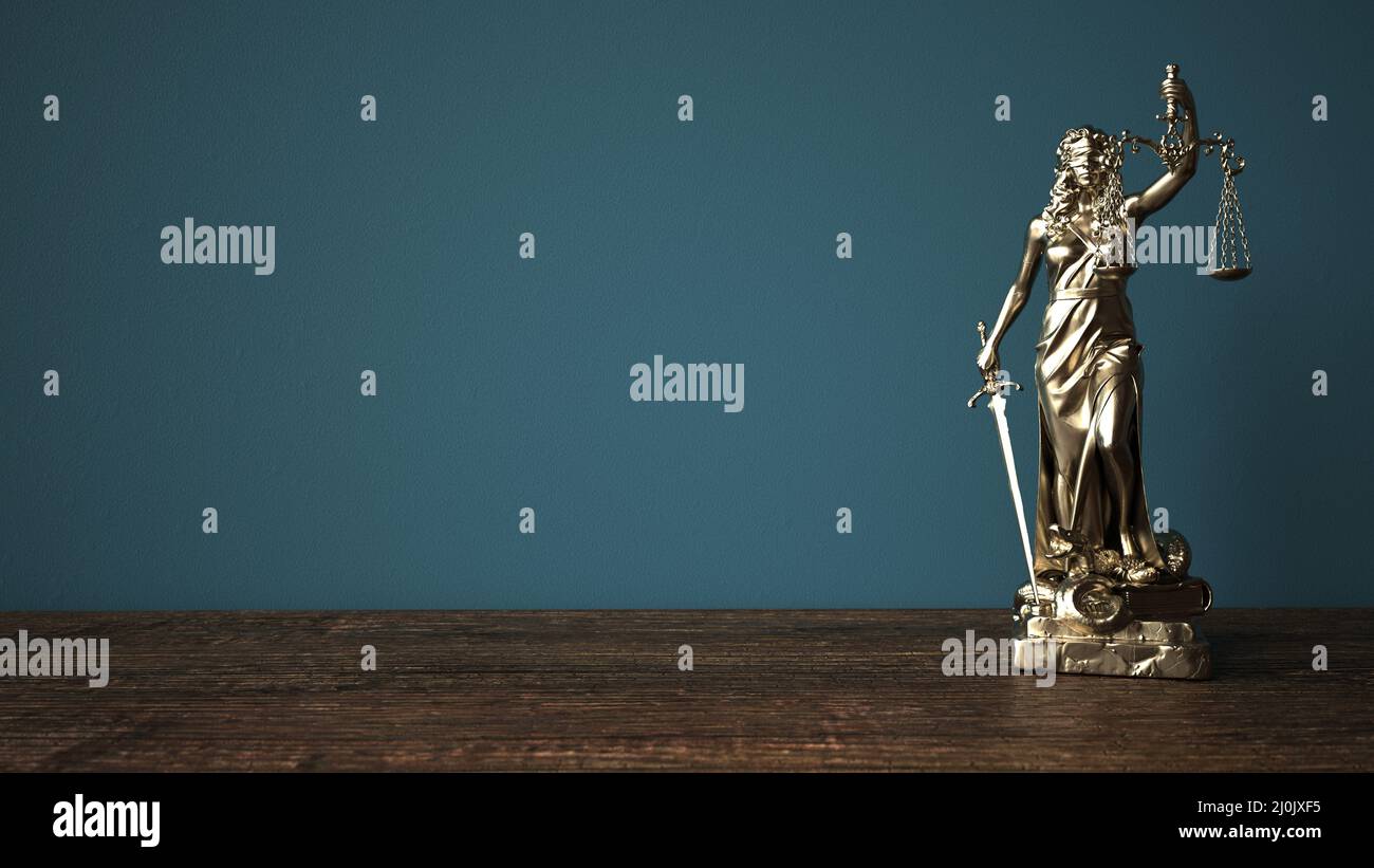 Lady Justice Statue Wooden Table Stock Photo
