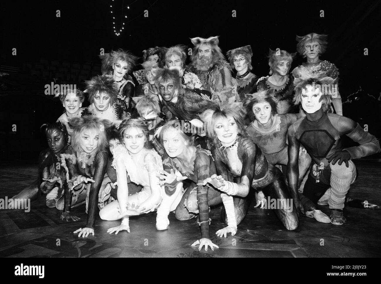 Cast members of Cats, musical based on T. S. Eliot 1939 poetry book Old Possum's Book of Practical Cats, composed by Andrew Lloyd Webber, and showing at the New London Theatre, (Opening night 11th May) Photocall Wednesday 6th May 1981. Our Picture Shows ... In foreground, left of centre, Finola Hughes as Victoria (White Cat) Stock Photo