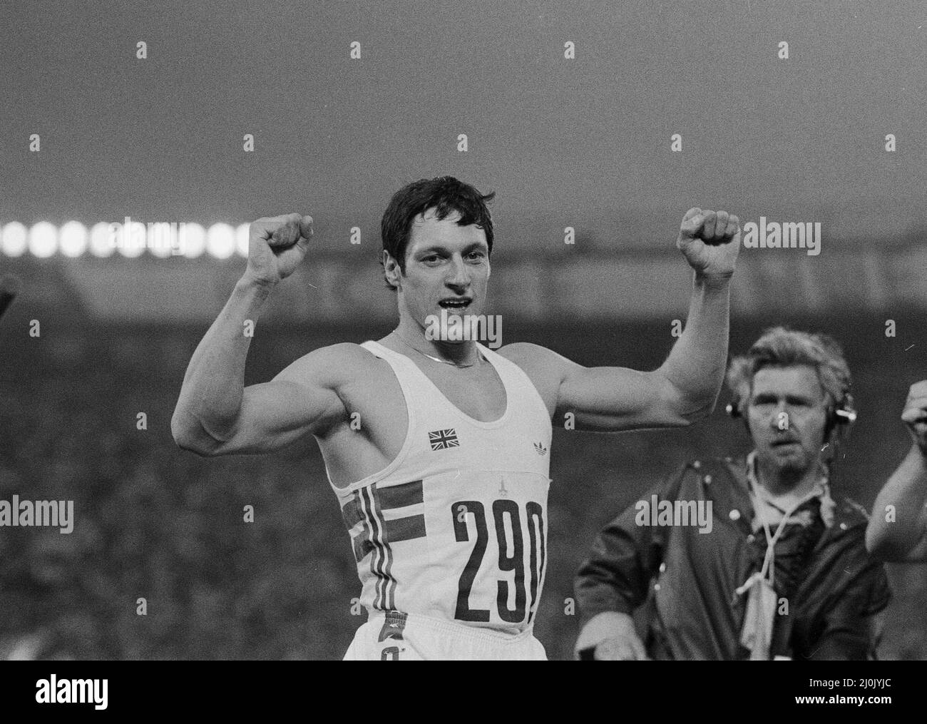 1980 Olympic Games at the Central Lenin Stadium in Moscow, Soviet Union. Alan Wells celebtates after winning the gold medal in the Men's 100 metres final. 25th July 1980. Stock Photo