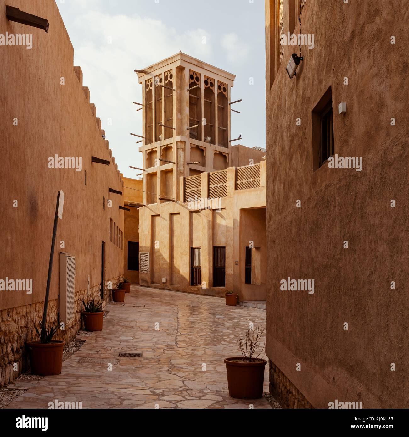 Al Seef Traditional Historical District Arabic Architecture. Dubai Deira Old Town. United Arab Emirates. Middle East. Stock Photo