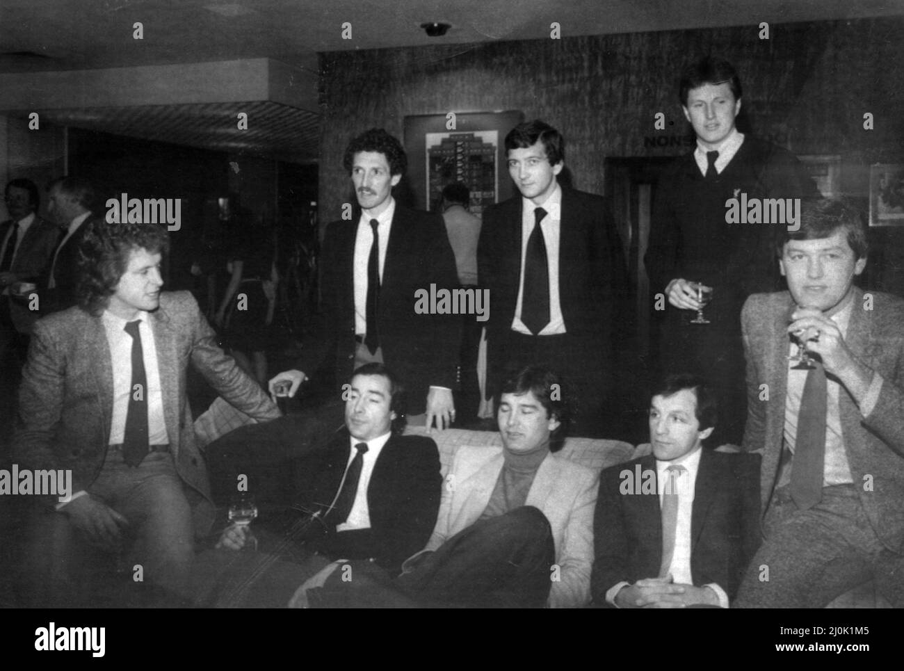 The Ashton Gate Eight February 1982. Bristol City players who agreed to leave the club & walk away from lucrative long term contracts in order to prevent the club from folding.  The sacked eight players from left to right (standing) Geoff Merrick Jimmy Mann Julian Marshall Chris Garland (seated) Gerald Sweeney a.k.a. Gerry Sweeney Peter Aiken Trevor Tainton & Dave Rodgers a.k.a. David Rodgers Stock Photo