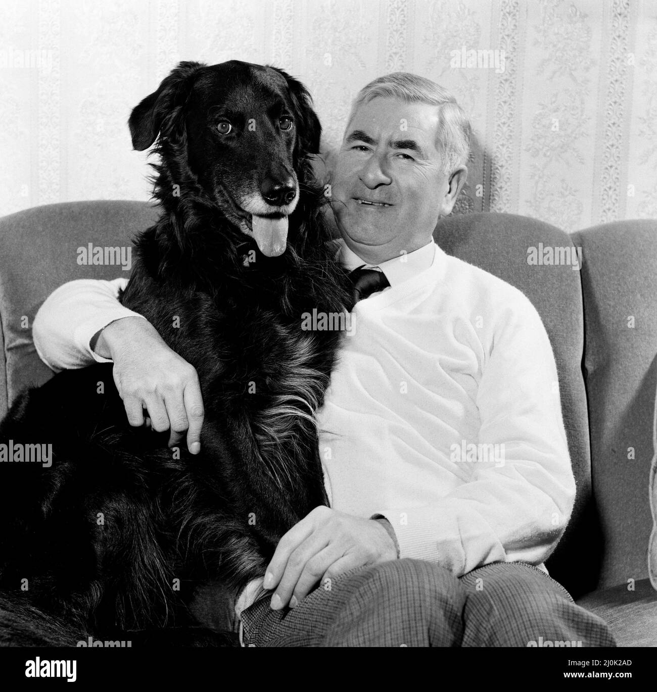 The Crufts show from 12th-14th February will have a new feature this year. Six personalities who each have a pet dog will make personal appearances at the show in aid of the S.P.A.R.K.S charity. Actor Bill Pertwee with his dog Biffa, a 4-year-old cross breed Collie. 19th January 1982. Stock Photo