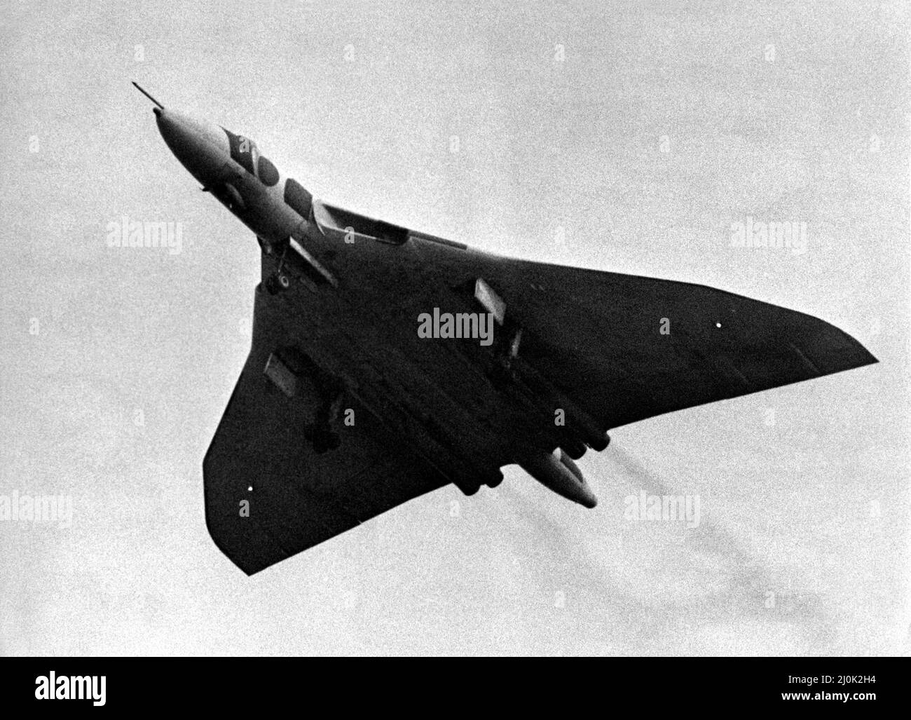 A RAF Avro Vulcan V-bomber flys over Sunderland Airport prior to a Vulcan becoming an exhibit at the North East Aircraft Museum.    05/04/1982 Stock Photo