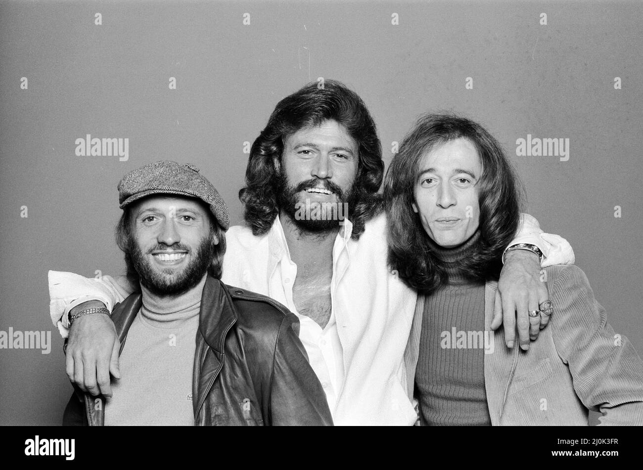 The Bee Gees back in London 22nd November 1981. From left to right:  Maurice Gibb Barry Gibb Robin Gibb *** Local Caption *** Singer Stock Photo