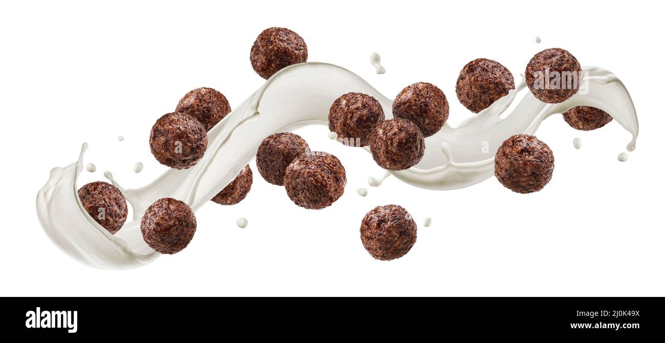 Falling chocolate corn balls isolated on white background Stock Photo