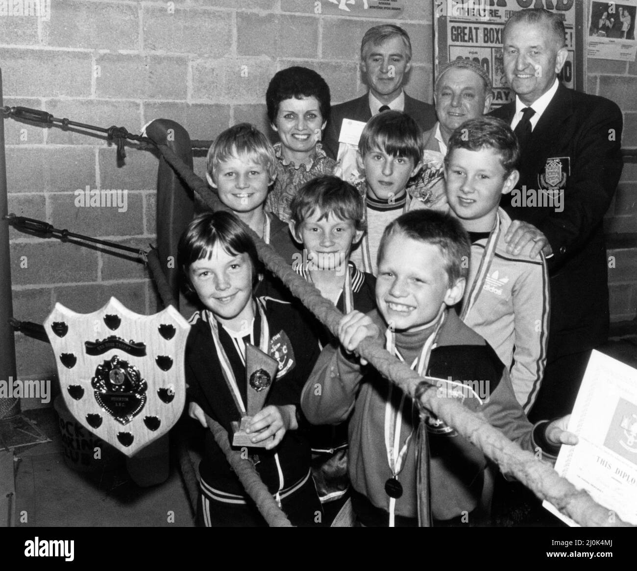 The young hopefuls of Stockton Amateur Boxing Club, 1st October 1982. Left to Right, John Rooney, Craig Watson, Martin McConnell, Mark Brown, Darren Smith and Glen Stephenson pictured with (l-r) Marion Hogg, Sid Hogg, Bill Harper (trainer) and Phil Thomas, North eastern Counties ABA life vice president, at presentation night/ after completing special diploma course. Stock Photo