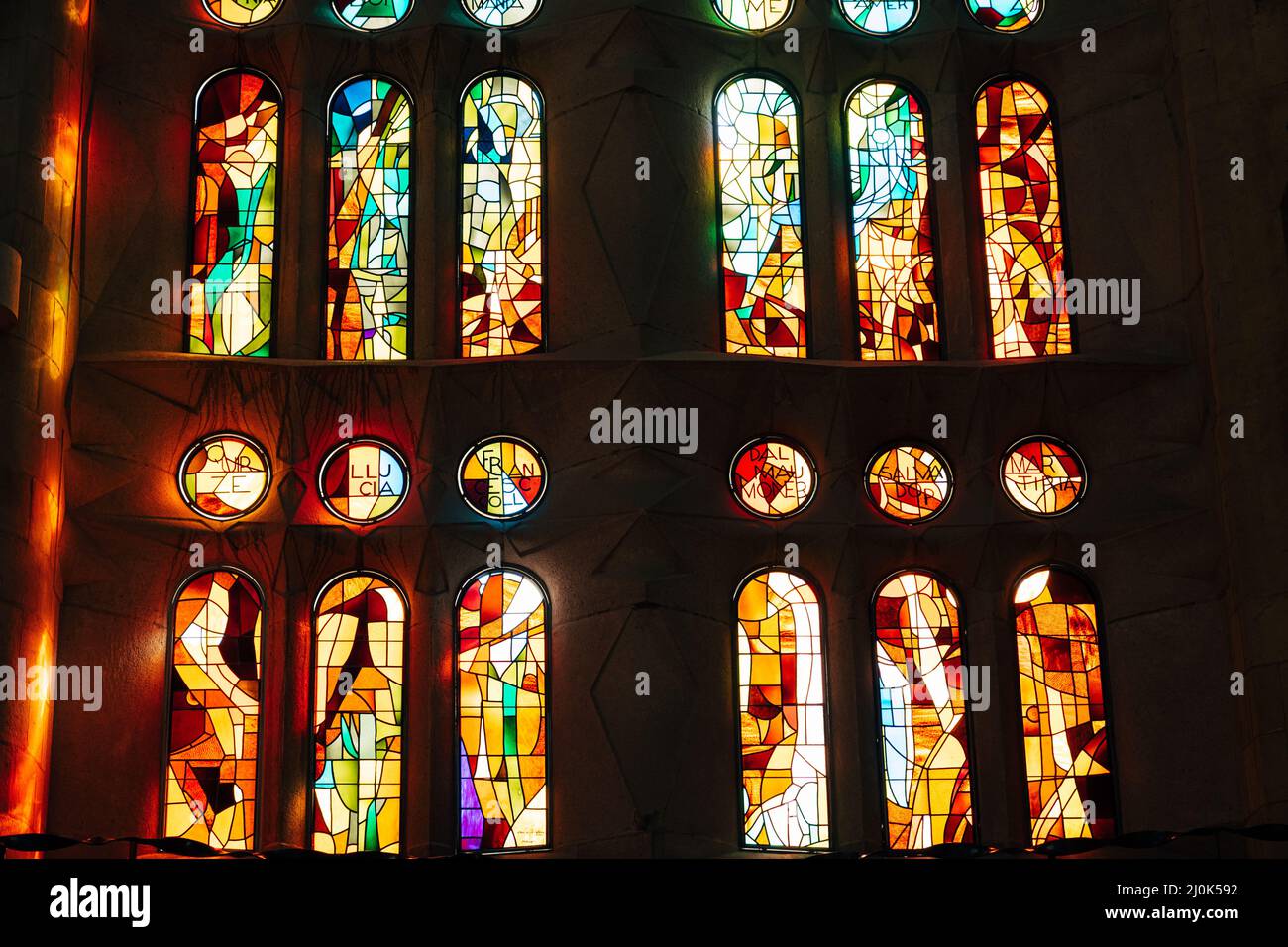 Barcelona, Spain - 15 December 2019: Stained windows from inside the Sagrada Familia in Barcelona, Spain. Stock Photo