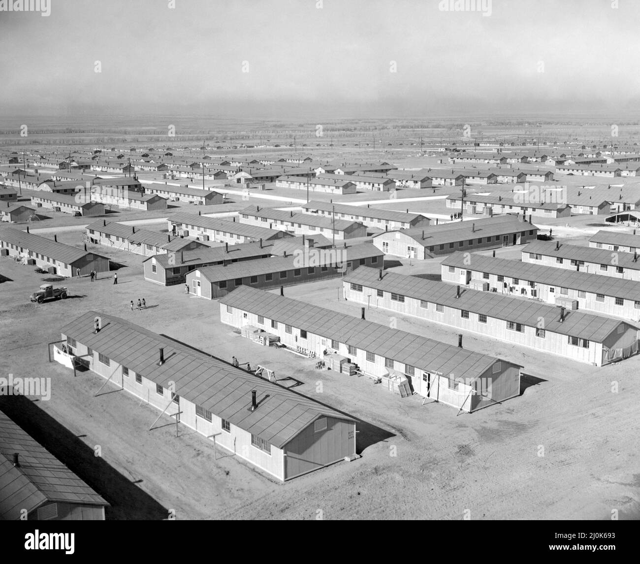 Aerial view of the Granada Relocation Center, an internment camp for Americans of Japanese descent during World War II, December 9, 1942 in Amache, Colorado. The site of Camp Amache was declared a National Historic Site by President Joe Biden on March 18, 2022. Stock Photo