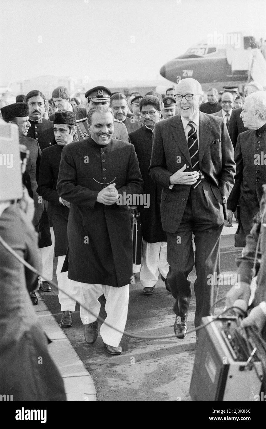 President Zia of Pakistan  with Foreign Secretary Lord CArrington upon his arrival at Heathrow Airport before his talks with the Prime Minister on the Arab crisis. 6th October 1980.   Carringtonobit Stock Photo