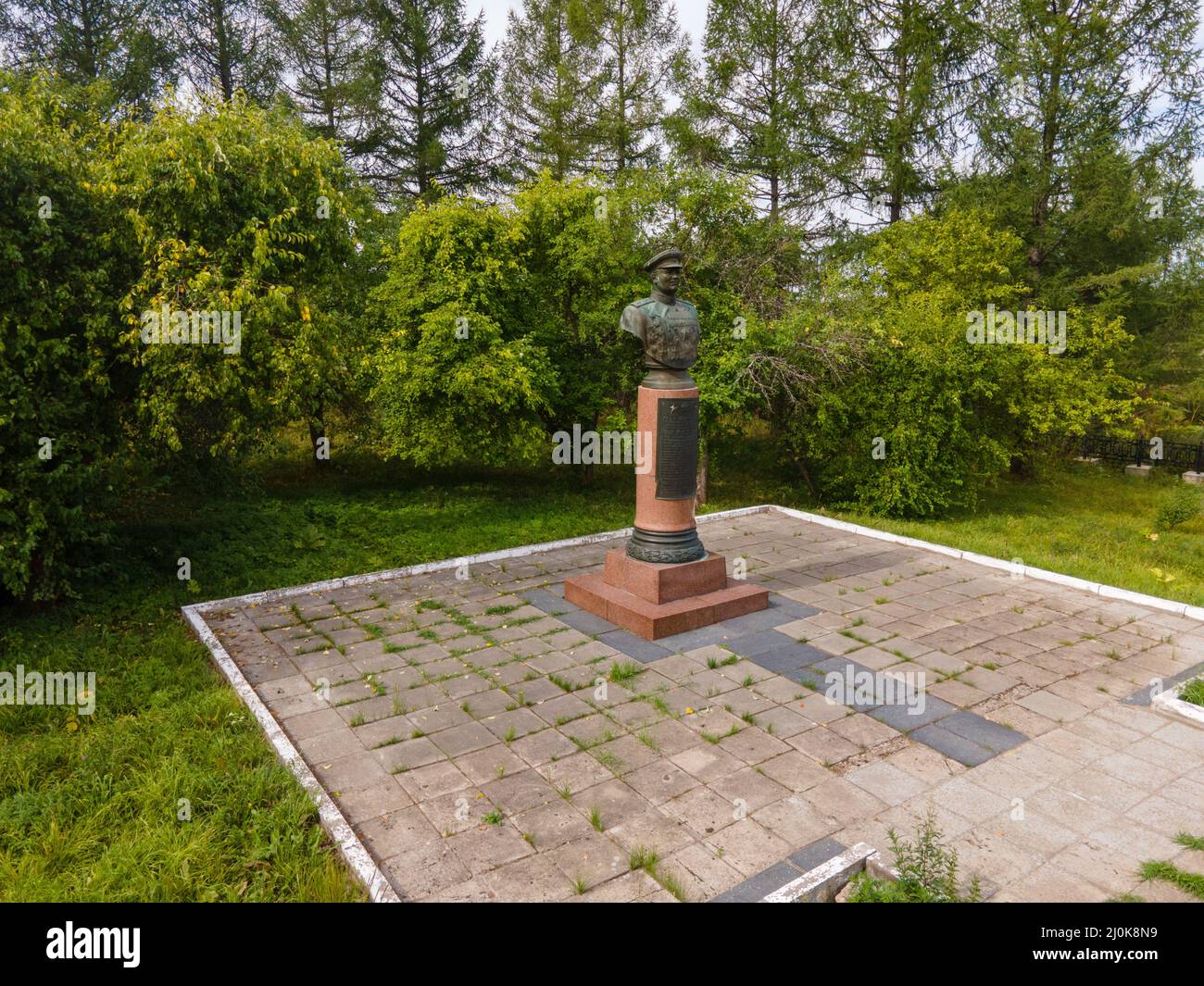 Old metal bust of Konev on motherland Stock Photo