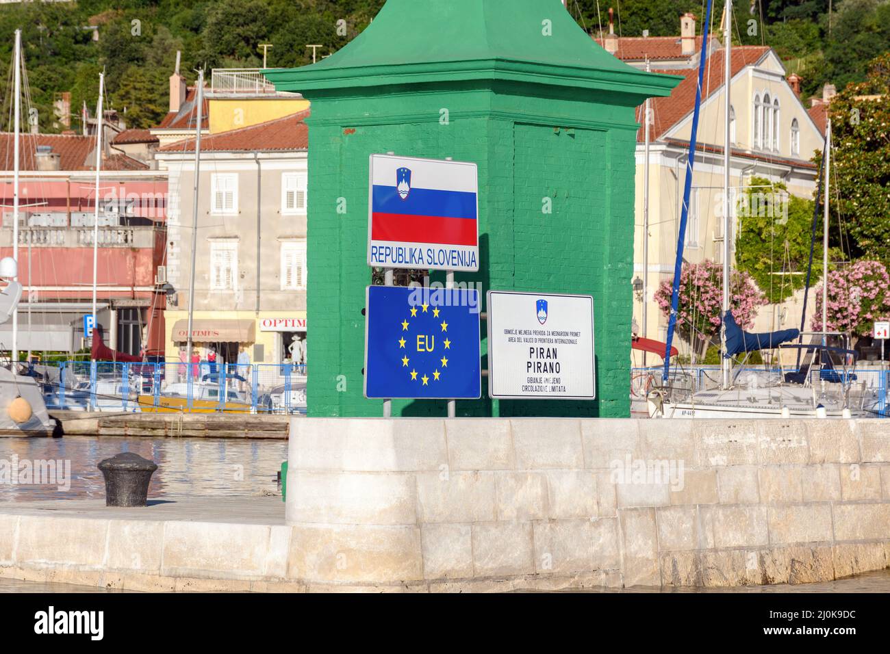 EU border crossing sign in the port of Piran in Slovenia Stock Photo ...