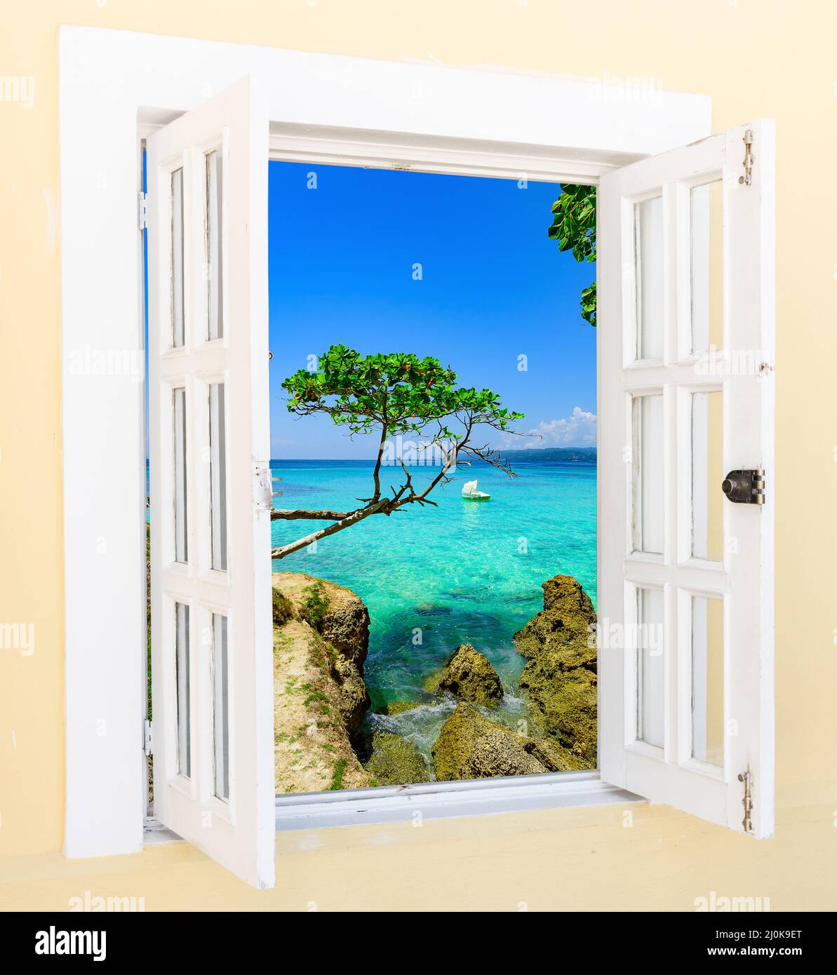 Wooden open window overlooking the tropics Stock Photo Alamy