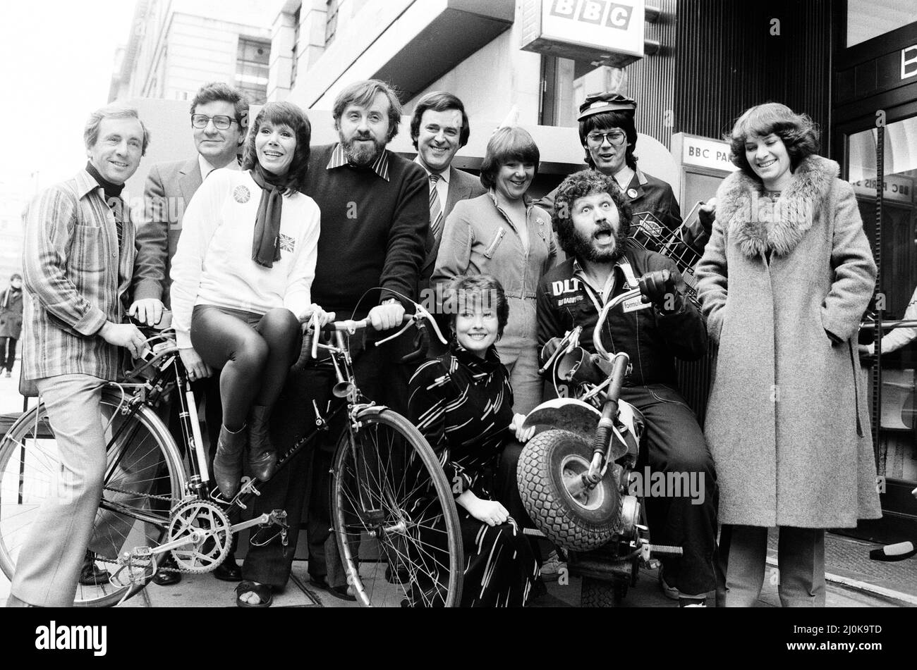 Photo-call with talent who will be appearing in BBC Radio Productions in 1981. Paris Studio, Lower Regent Street, London, 6th January 1981. DJ's pictured includes, Terry Wogan, Dave Lee Travis, Mike Reid & Judy Carne. Stock Photo