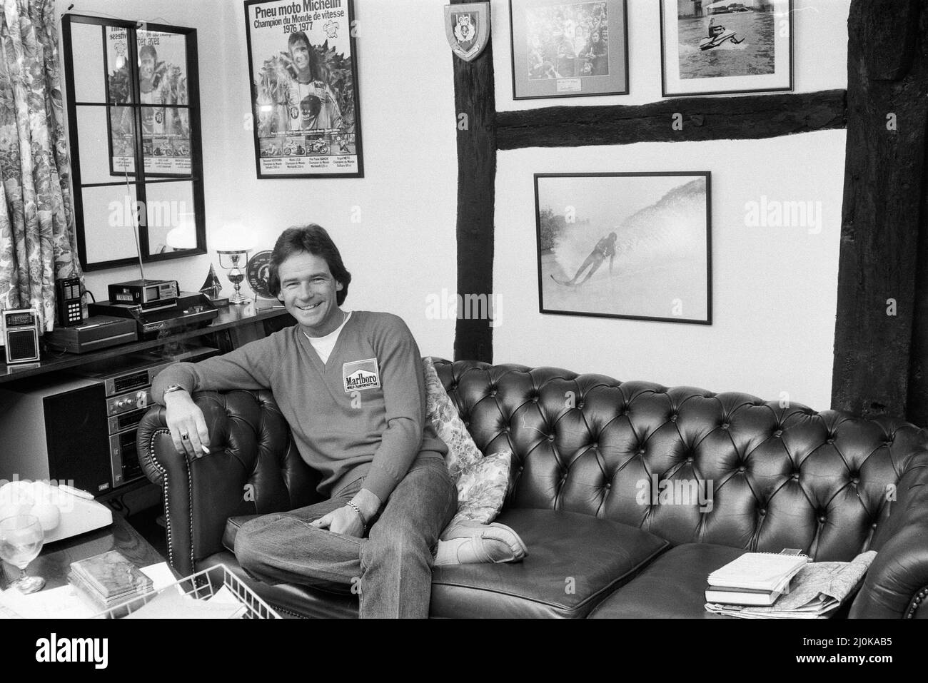 British Motorcycle road racer Barry Sheene, pictured at home. 25th May 1981. Stock Photo