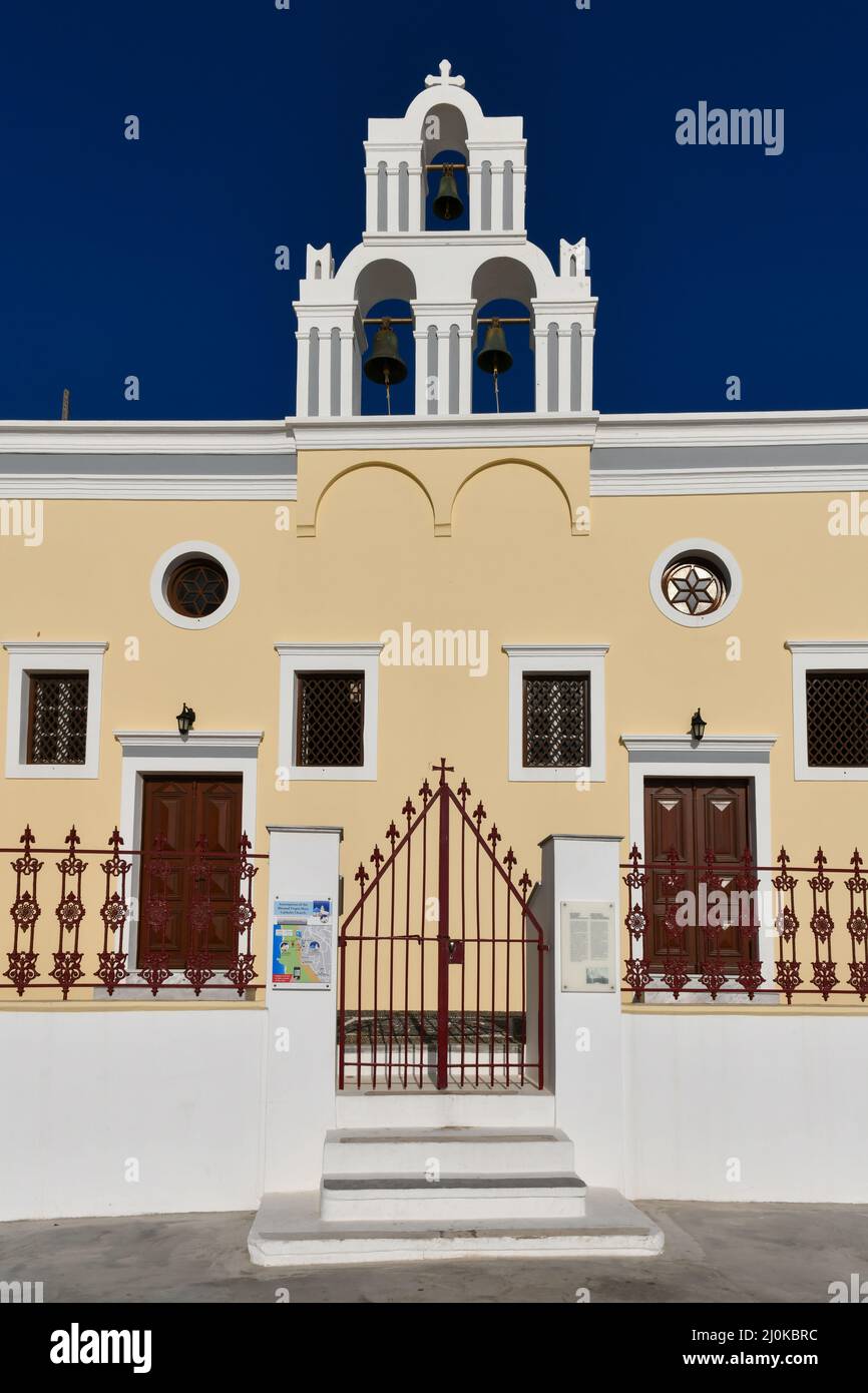 Three Bells of Fira, Santorini, Greece, officially known as The Catholic Church of the Dormition, is a Greek Catholic church on the island of Santorin Stock Photo