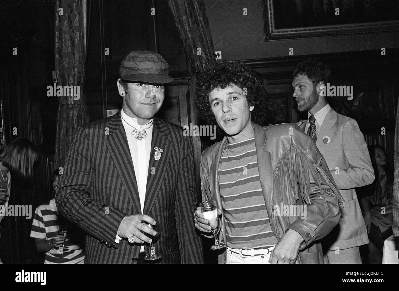 Elton John and Leo Sayer attending a House of Commons reception, invited along with other pop stars by the Minister for the Arts, Norman St John-Stevas. 3rd August 1980. Stock Photo