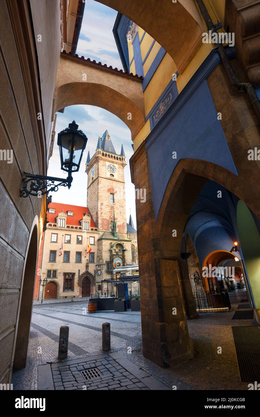 Old town hall in Prague, view from narrow side street Stock Photo