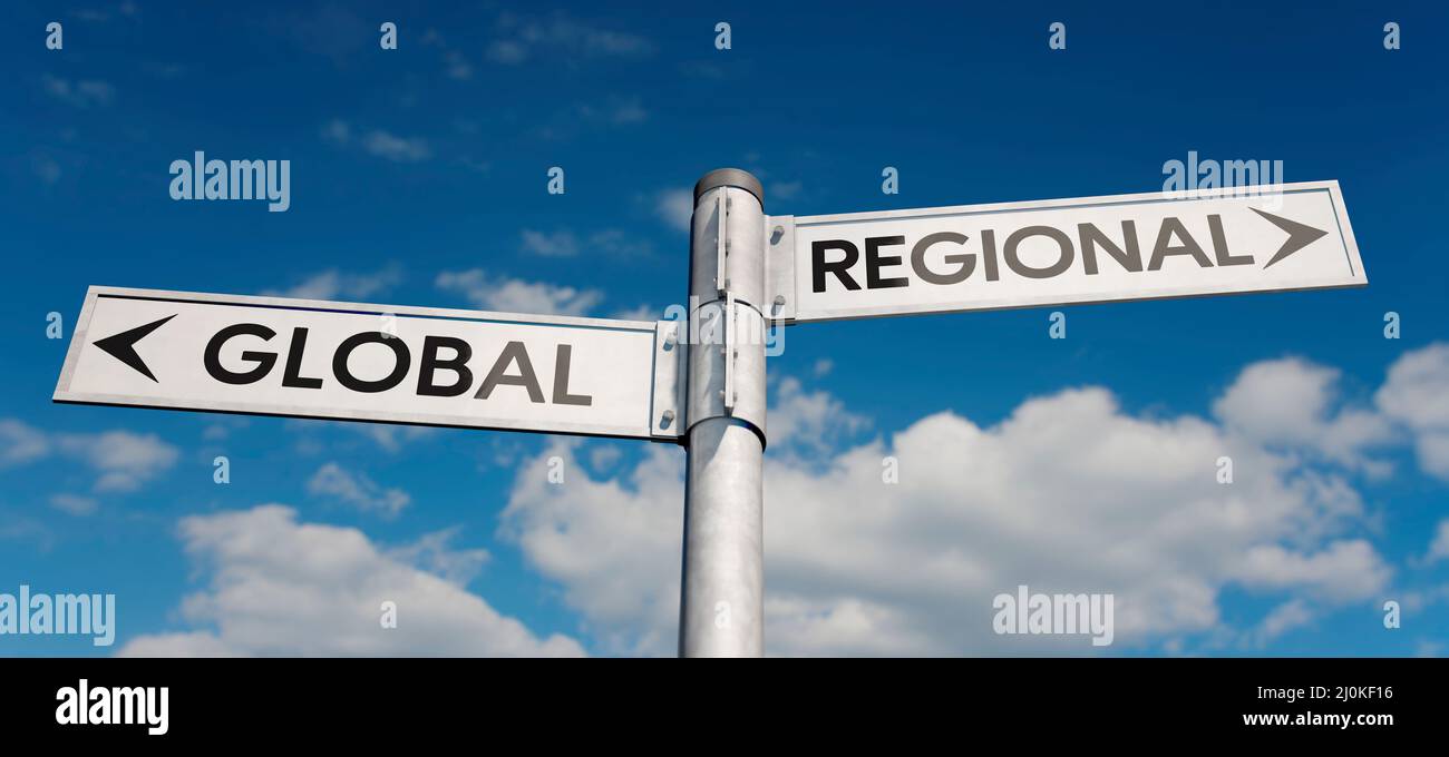 Guide posts with the decision between global or regional. Stock Photo