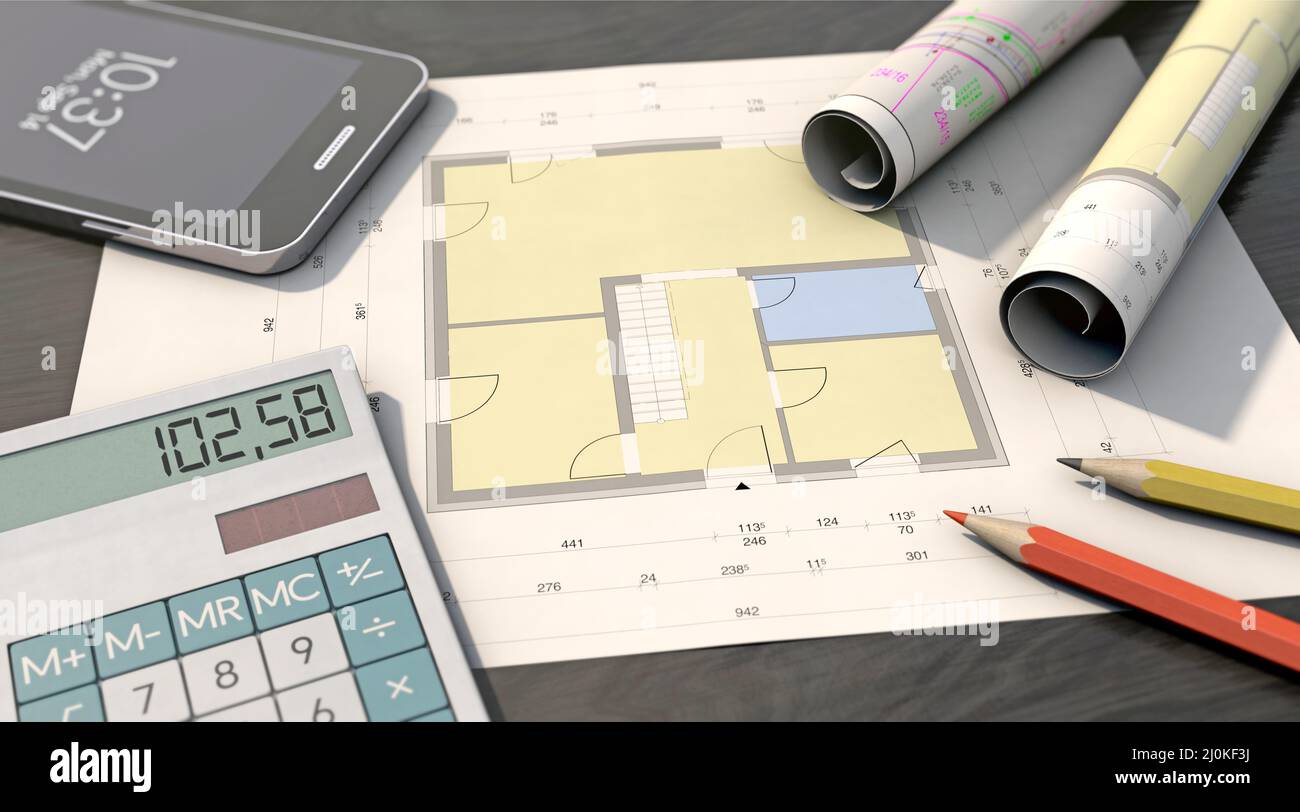 Floor plan with media plan, pens, calculator and smartphone Stock Photo