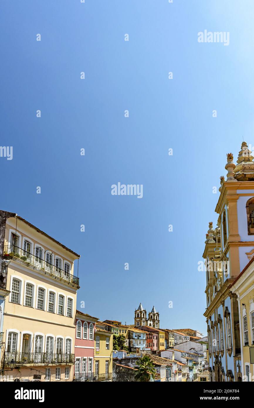 Facade of old, historical and colorful houses and churches in the Pelourinho Stock Photo
