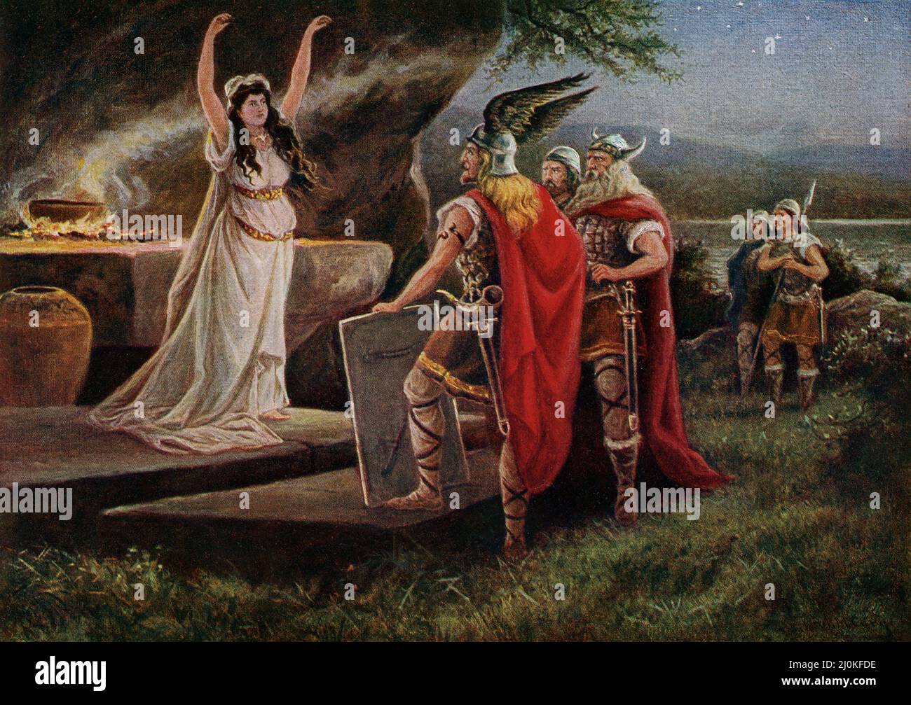 In this early 1900s illustration the Germanic chief Arminius is seen consulting a prophetess, Arminius (died 19 AD) was a Roman officer and later chieftain of the Germanic Cherusci tribe. He is best known for commanding an alliance of Germanic tribes at the Battle of the Teutoburg Forest in 9 AD (Augustus ruled the Roman empire at the time), in which three Roman legions under the command of general Publius Quinctilius Varus were destroyed. Stock Photo