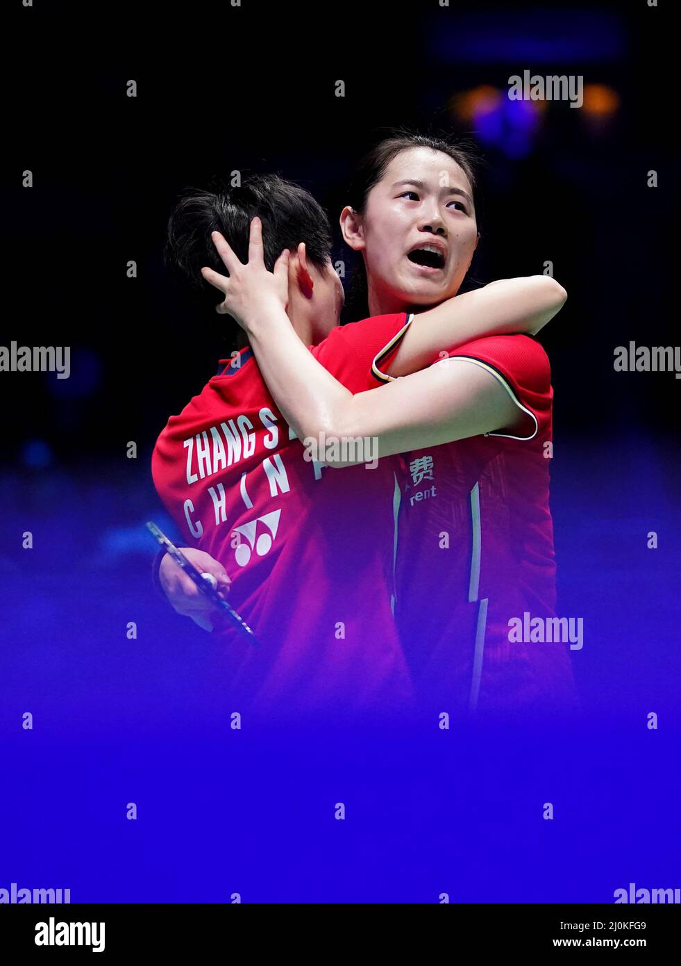 China's Zheng Yu (right) and Zhang Shiu Xian in action against India's Treesa Jolly and Gayatri Gopichand Pullela during day four of the YONEX All England Open Badminton Championships at the Utilita Arena Birmingham. Picture date: Saturday March 19, 2022. Stock Photo