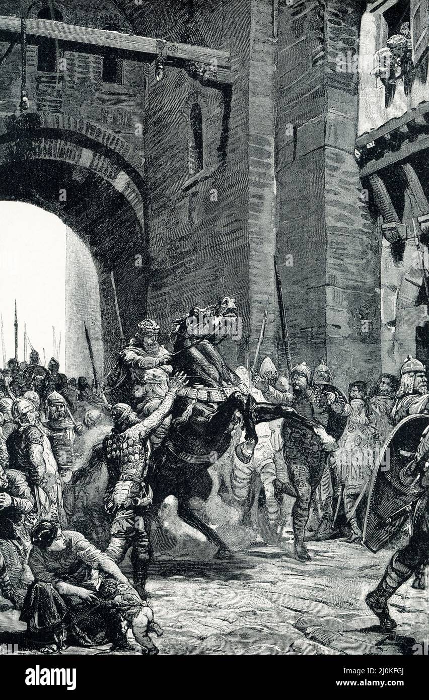 The 1906 caption reads: “Alboin’s entrance into Pavia. Alboin was the king of the Lombards, who conquered northern Italy from the Romans. The city of Pavia resisted so long and desperately that, when it finally surrendered, Alboin vowed to kill every person within the walls. As he entered the gate, his horse reared, and despite all the rider’s efforts refused to proceed. Many of Alboin’s followers had become Christians, and they cried to him that the beast’s strange behavior was caused by his unchristian vow. So Alboin retracted this, and the steed then proceeded quietly.” Alboin was king of t Stock Photo