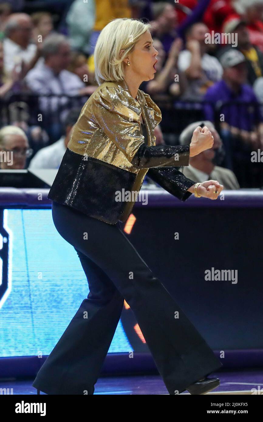 March 19, 2022 LSU Head Coach Kim Mulkey celebrates at a timeout