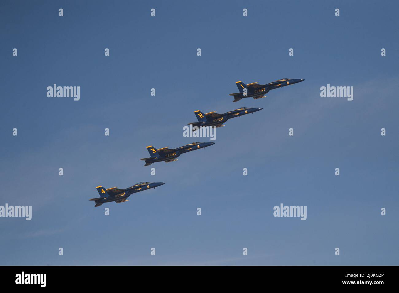 Blue Angels 1-4 in formation gaining altitude over NAF El Centro, California Stock Photo