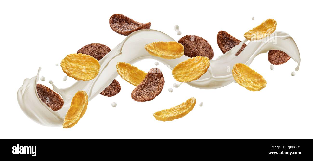Corn flakes with milk splash isolated on white background Stock Photo