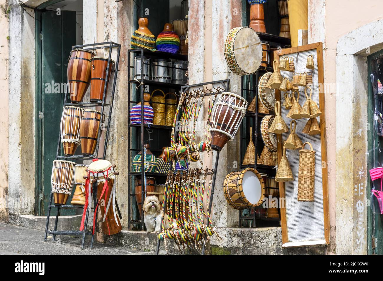 Commerce of typical products and musical instruments of various types on the streets of Pelourinho Stock Photo