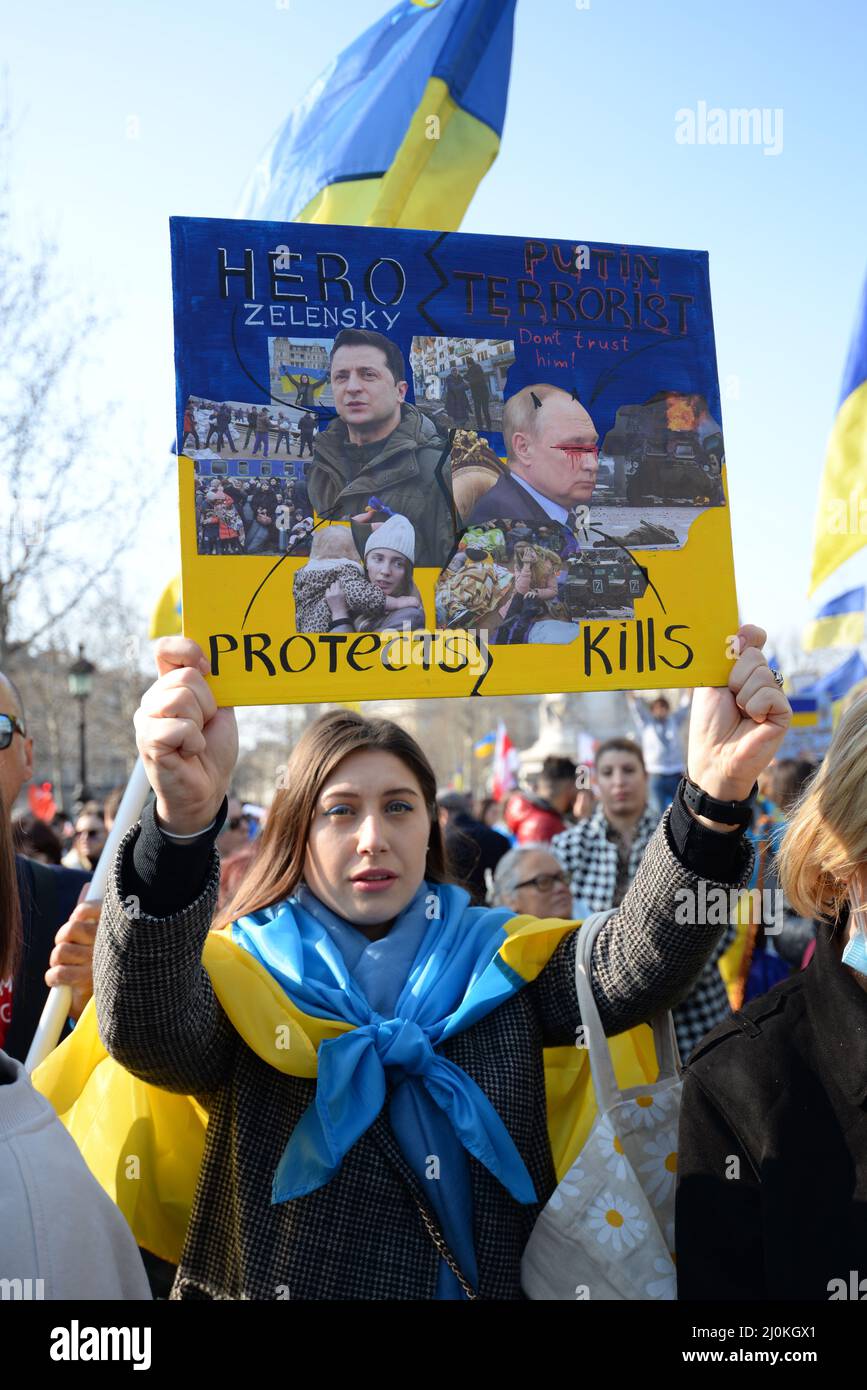 Paris demonstration in support of ukrainian people on saturday 19/03/2022 as the Russian offensive on Ukraine intensifies Stock Photo