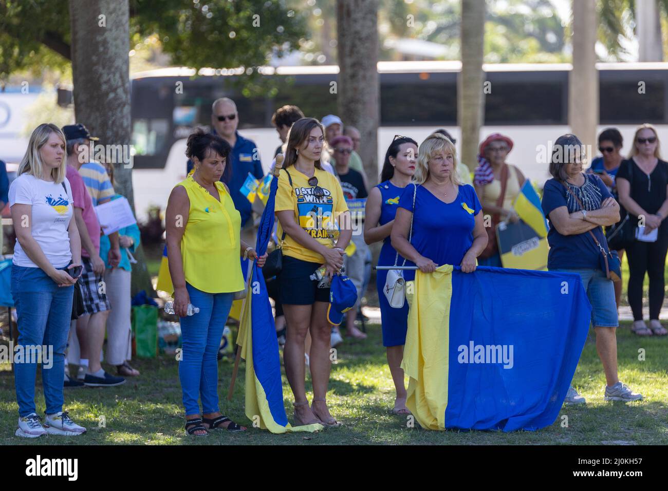 Delray Beach, Florida, USA. March 19th 2022. Palm Beach: Ukraine rally against Russian invasion. Some Ukrainians people in Palm Beach, Miami, Boca Raton protest against Russian army invasion to Ukraine. Ukraine War Protest signs and posts. Credit: Yaroslav Sabitov/YES Market Media/Alamy Live News Stock Photo