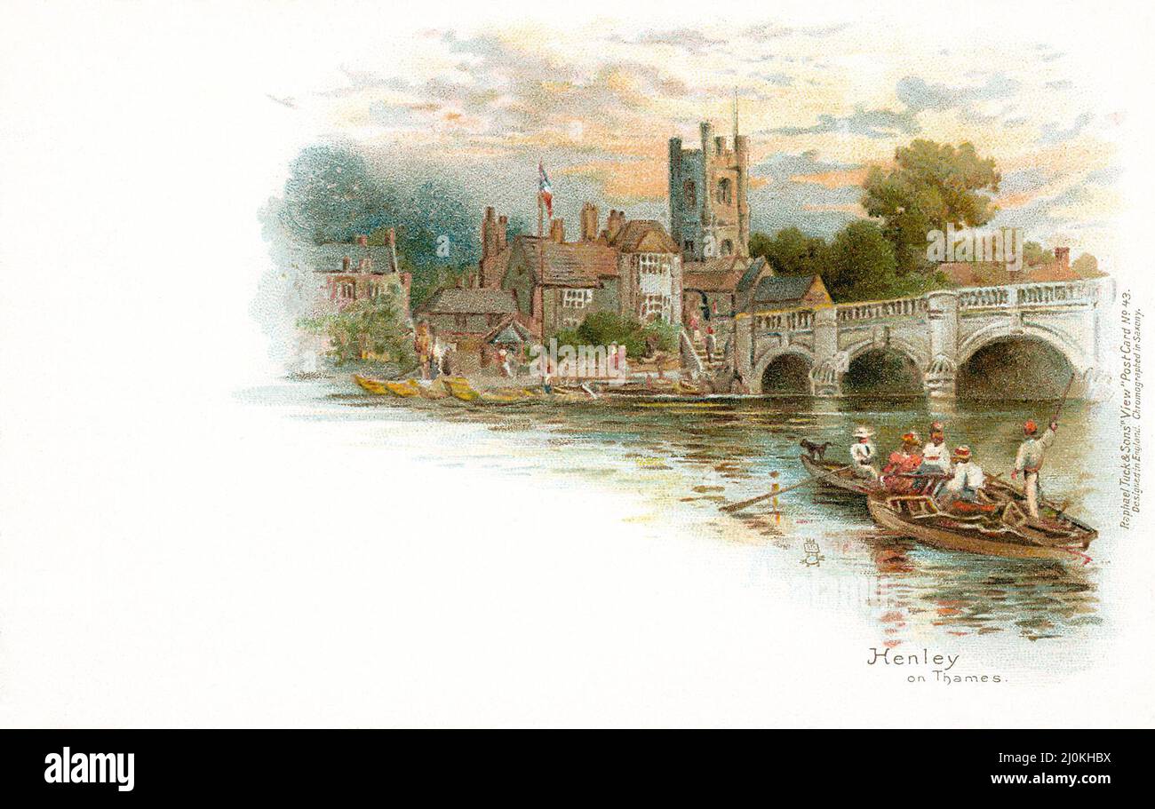 Vintage Edwardian era Raphael Tuck & Sons postcard of Henley-On-Thames, Oxfordshire, England, showing Henley Bridge and the church of St. Mary the Virgin. Stock Photo