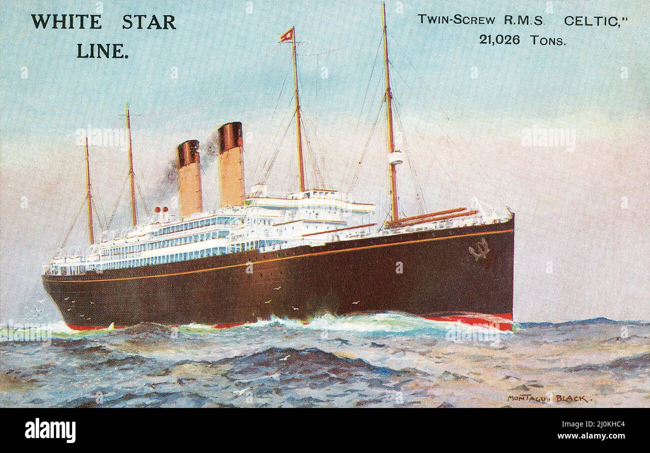 Vintage postcard of the White Star Line R.M.S. Celtic. Illustration by Montague Black. Launched in 1901. Survived a mine in 1917 and a torpedo in 1918 but foundered on rocks in 1928 and was later scrapped. Stock Photo
